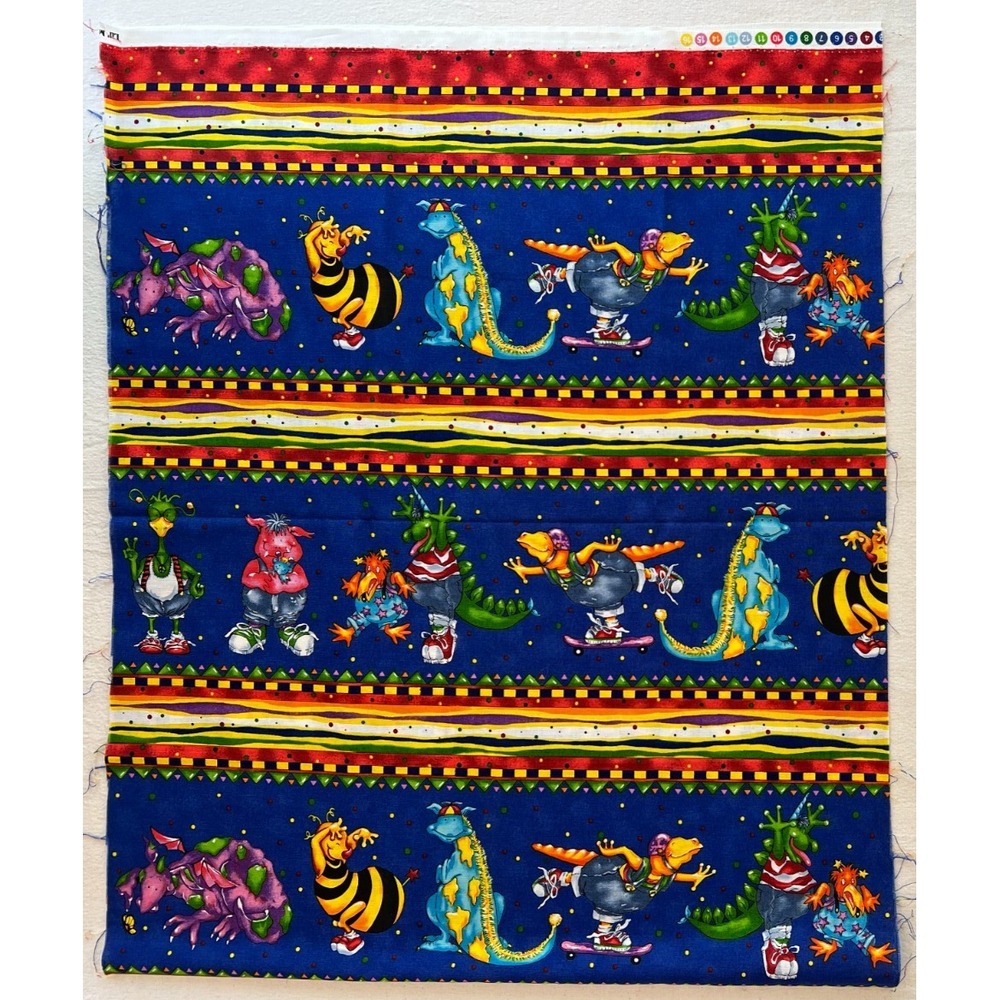 Fabric -Vintage Lil Monsters Stripe Dinosaurs Dragon Cartoon Blue Half Yard x 44